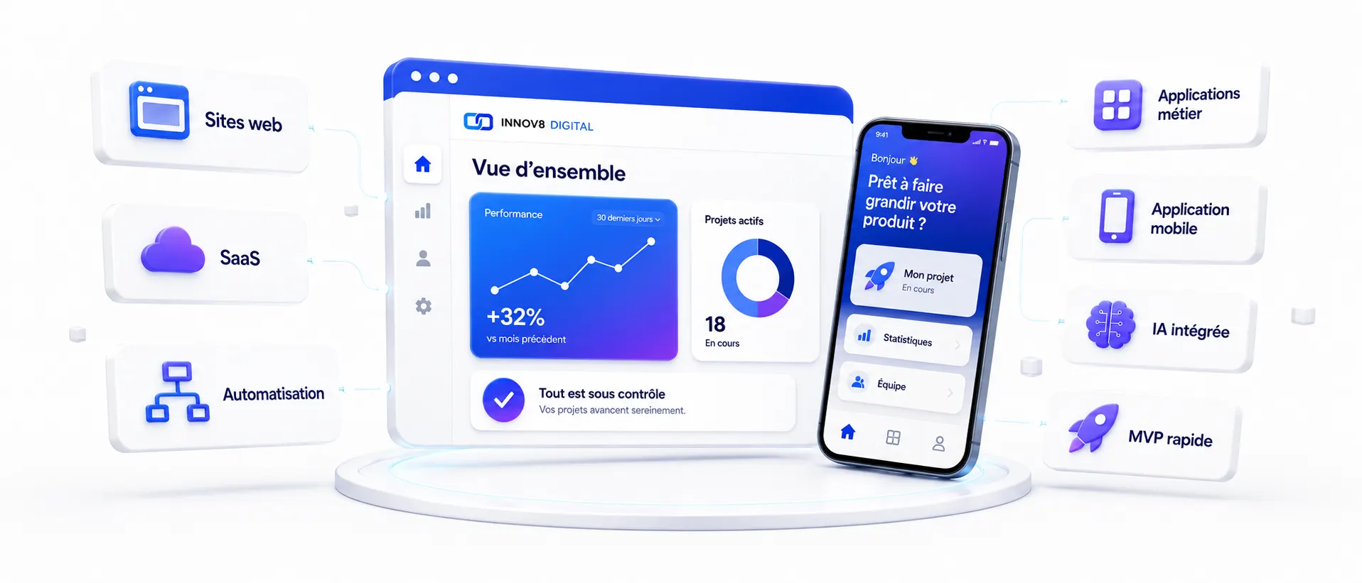 Salle de réunion moderne avec équipe travaillant sur des solutions web et applications mobiles